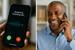 A split image showing the contrast between technology and human touch: on the left, a close-up of a smartphone displaying 'Screening incoming call...' with green and red call buttons; on the right, a smiling man in a blue shirt answers a call on his mobile phone in an office setting.