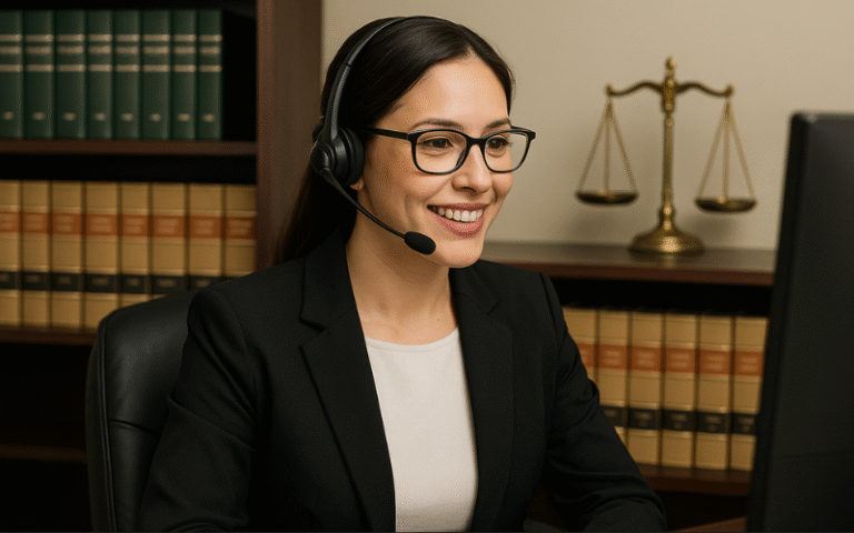 Legal intake specialist wearing a headset, assisting clients from a law office call center with scales of justice in background