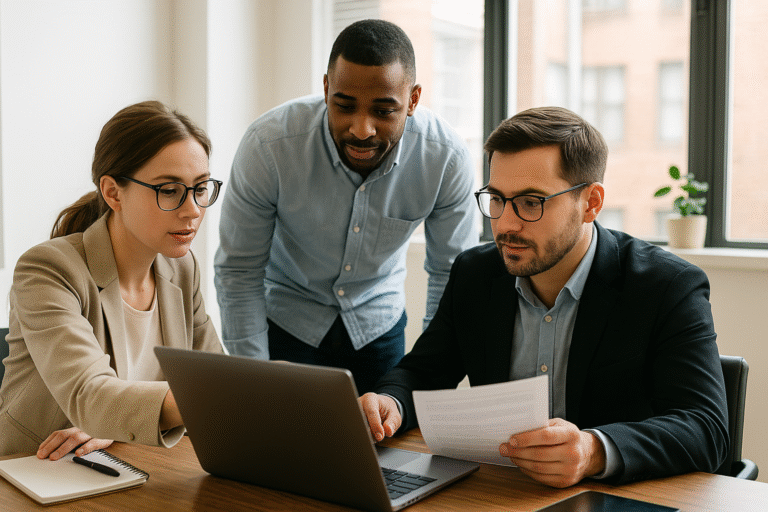 Three professionals collaborating at a desk reviewing data and workflows for a lead intake campaign in a modern office setting